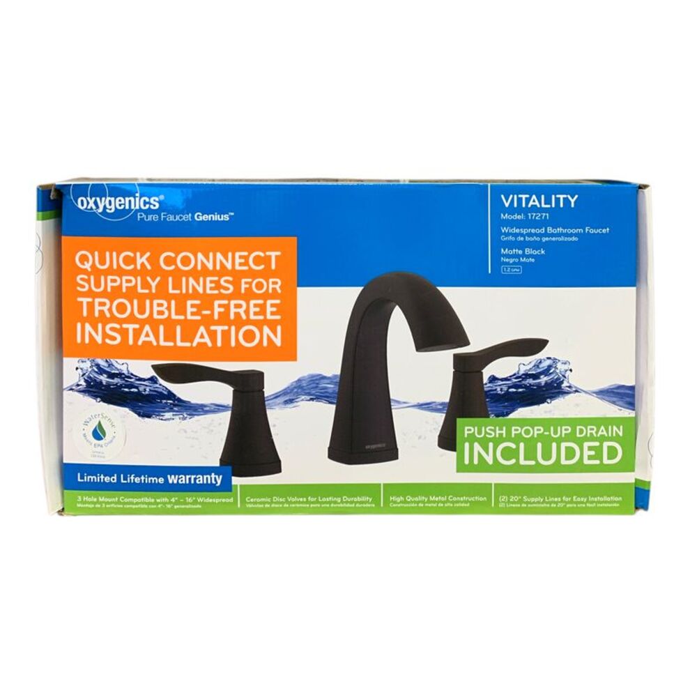 Oxygenics "Vitality" Widespread Bathroom Faucet, 1.2 GPM, 17271 (Matte Black)